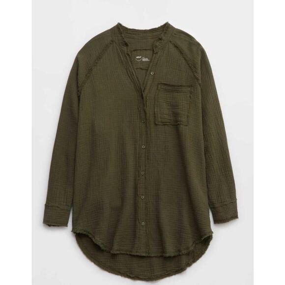 Aerie Gauzy Coverup Shirt Olive Green Size Small Oversized Fit Distressed - Picture 1 of 6
